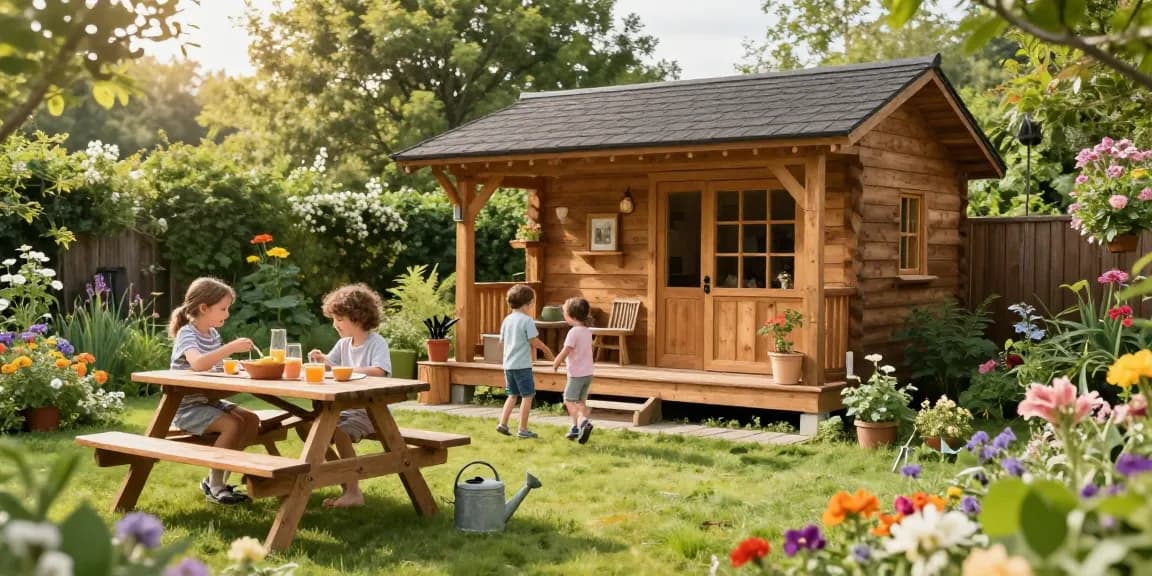Garten Haus umgeben von üppigem Grün und Kindern, die im Garten spielen.