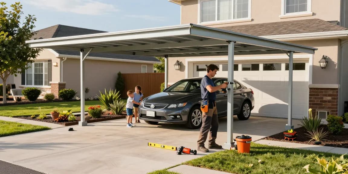 Carport Installation - Professioneller Handwerker montiert einen Carport in einer familienfreundlichen Umgebung.