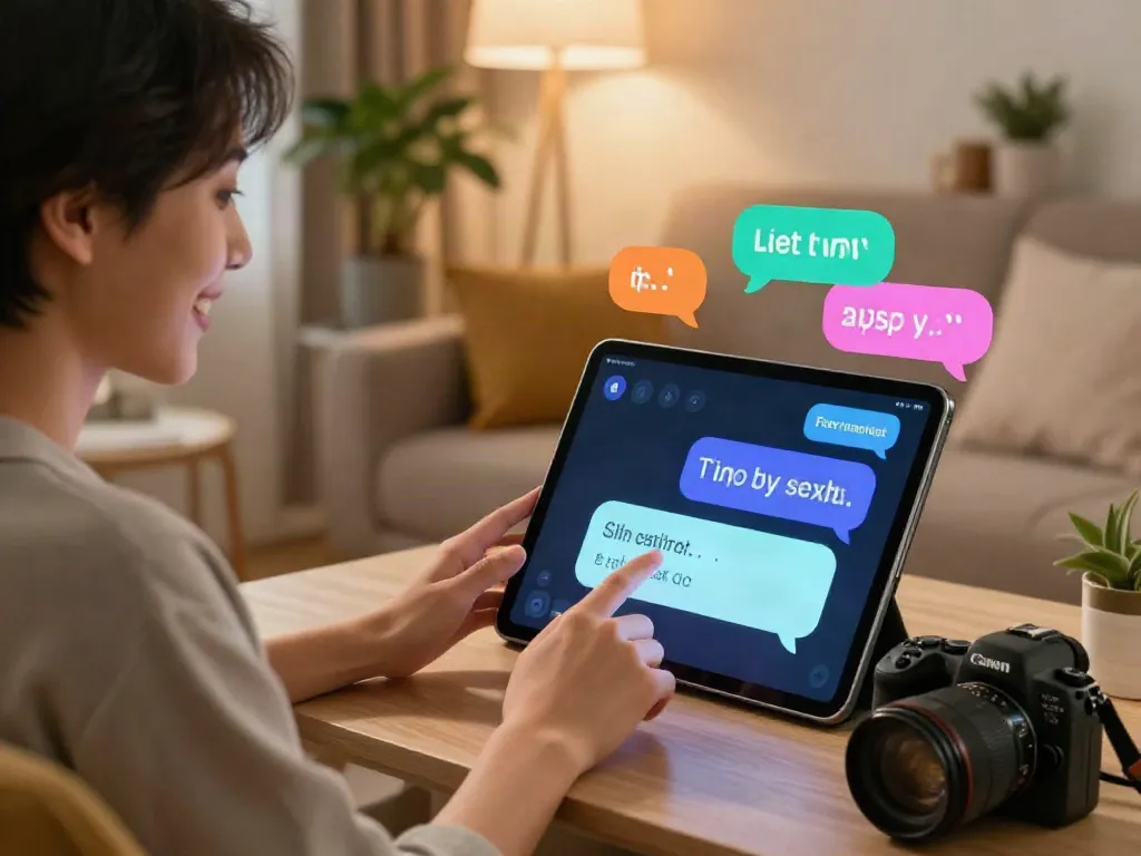Interactive free AI sex chat on a tablet in a cozy living room.