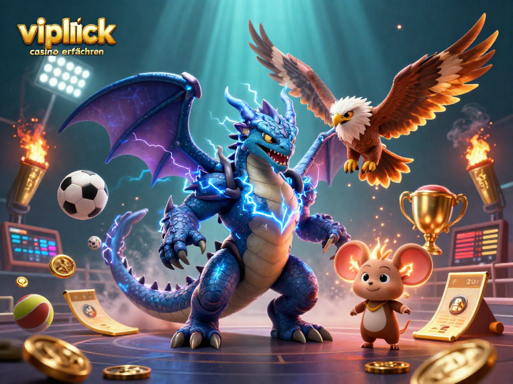 Grafik zu VIPLuck Casino Erfahrungen: Spieler erleben Spannung und Action mit Drachen und majestätischen Trophäen.