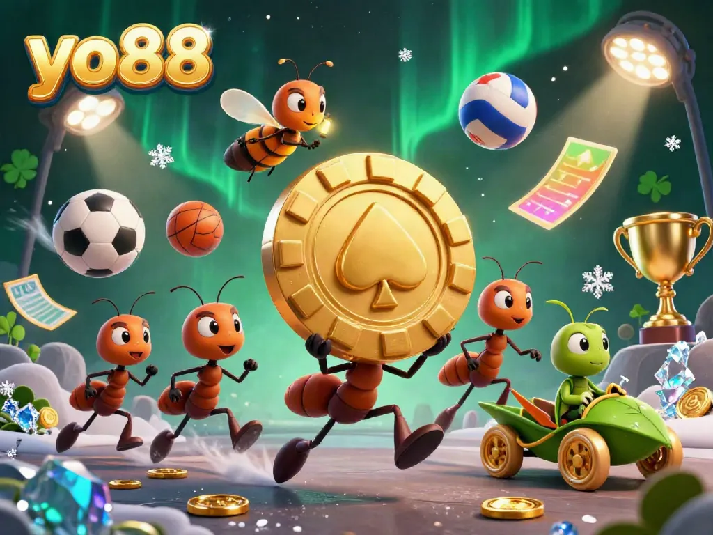 Team of ants carrying massive poker chip in yo88 heist scene, surrounded by dynamic sports elements.