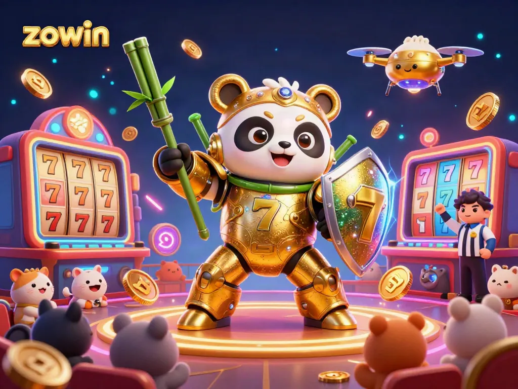 Experience thrilling gameplay at Zowin, featuring a golden panda pilot and dynamic slot elements in a vibrant casino arena.