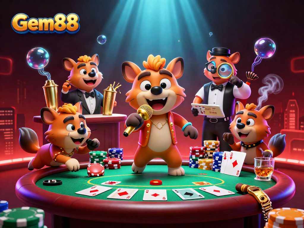 Hyenas at a comedy casino club showcase Gem88 with games, laughter, and gold effects.
