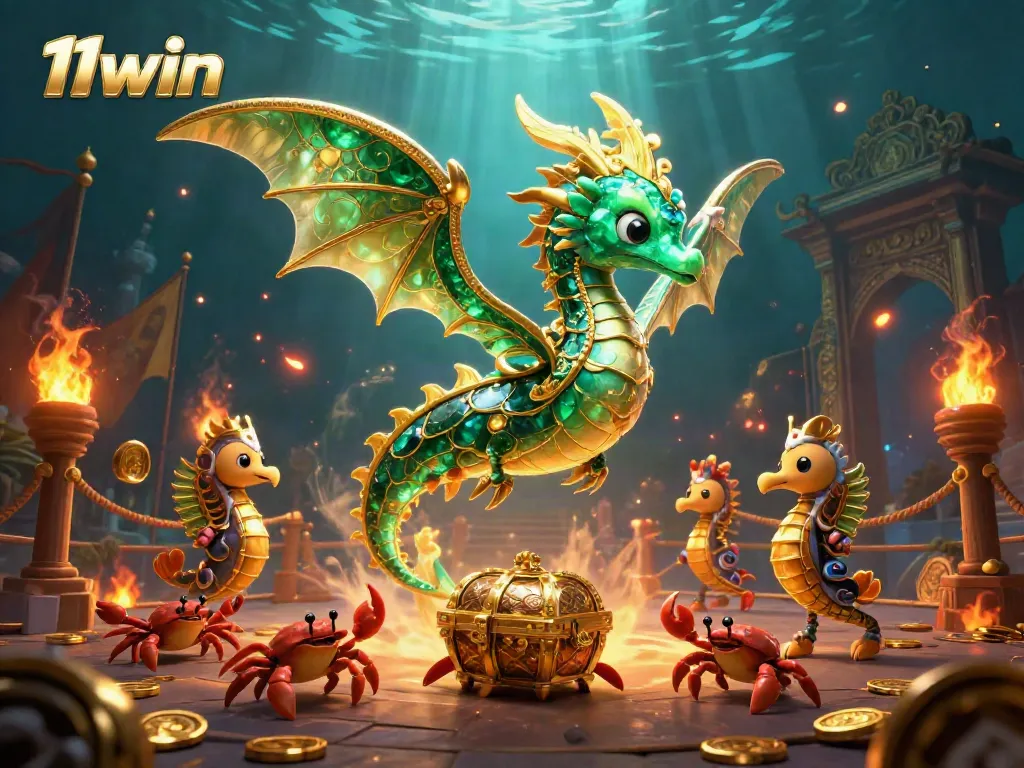 Experience the thrilling world of 11win with a vivid illustration of a majestic sea dragon and treasure hunt.