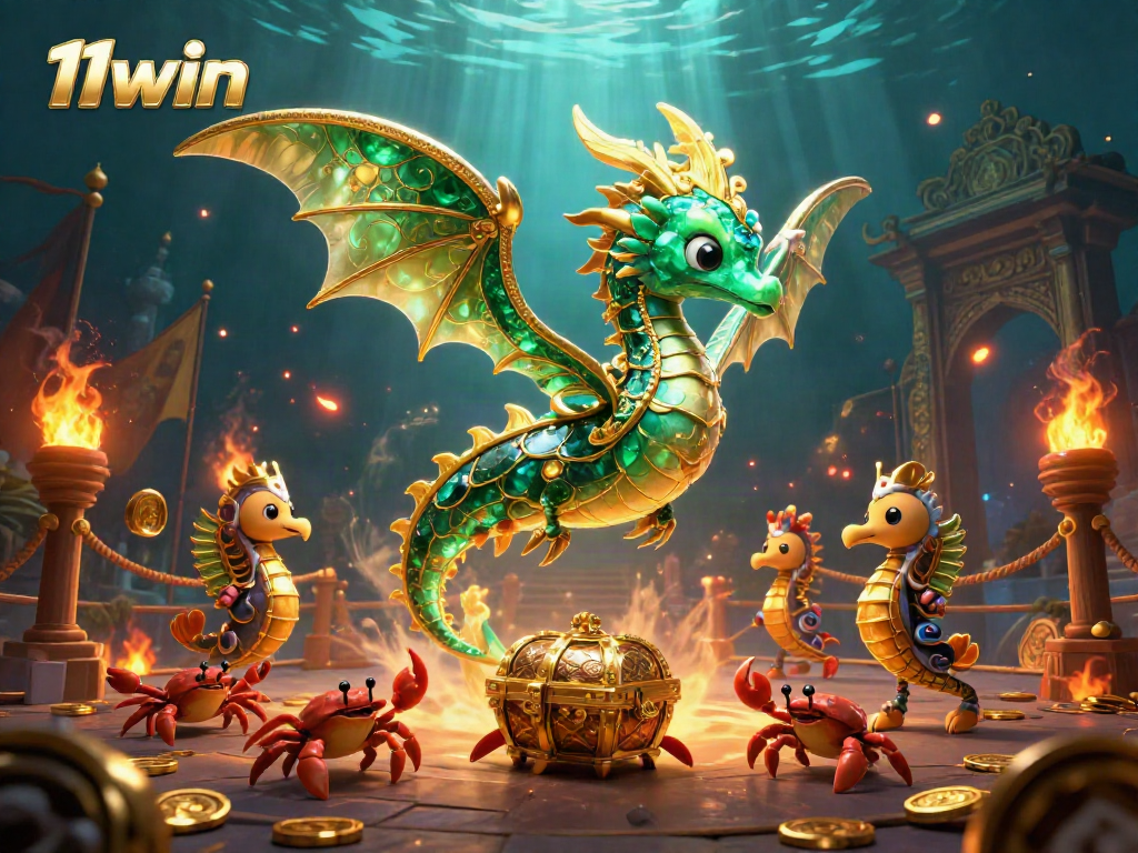 Experience the thrilling world of 11win with a vivid illustration of a majestic sea dragon and treasure hunt.