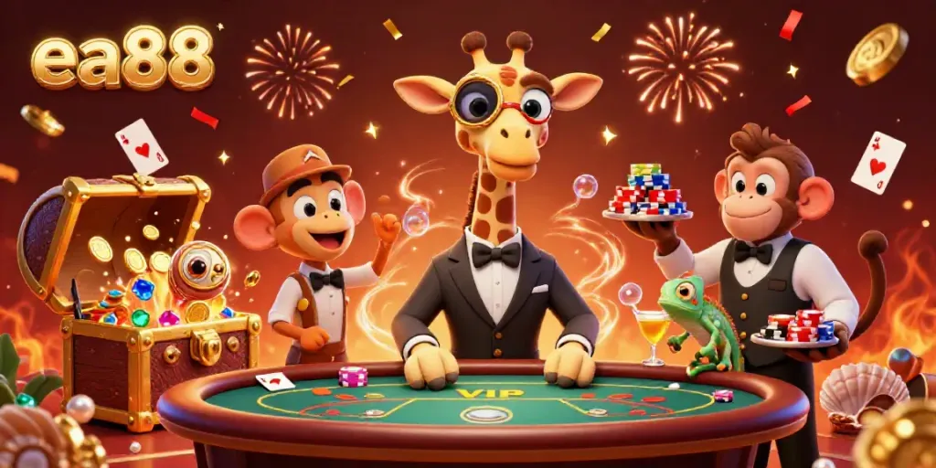 Play games at ea88 with a lively 3D casino scene featuring a giraffe, monkey, and chameleon.
