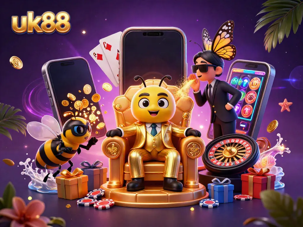 Spin to win with UK88 in an exciting 3D casino scene featuring vibrant slot games.