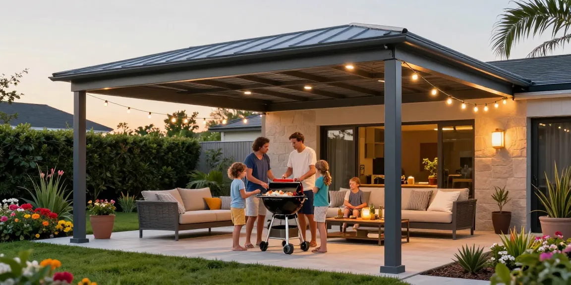 Moderne Terrassenüberdachung aus Aluminium bietet Schutz während eines Grillabends für die Familie im Garten.