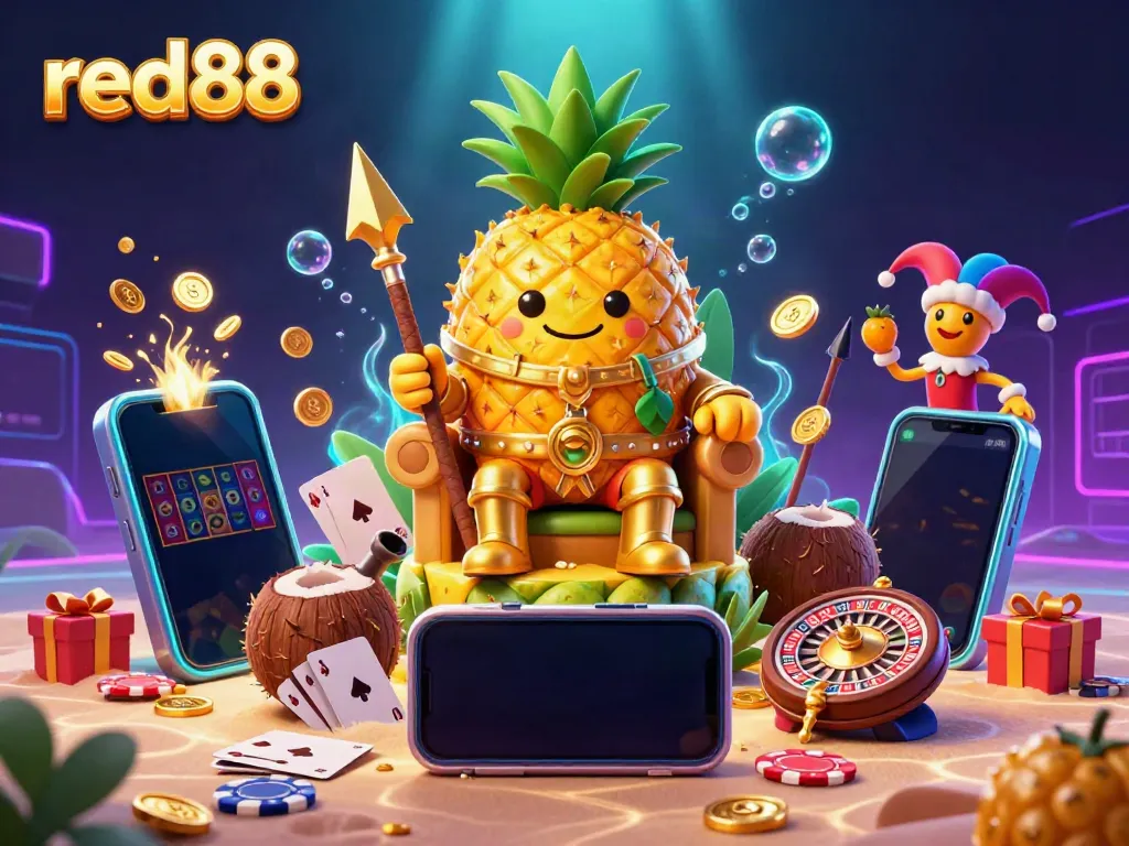 Experience thrilling gameplay at red88 with a dynamic illustration of a golden pineapple king and vibrant casino elements.