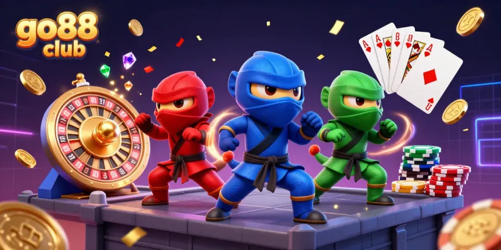 Engage the thrill of gaming at go88 club with vibrant ninja chameleons amidst dynamic casino elements.