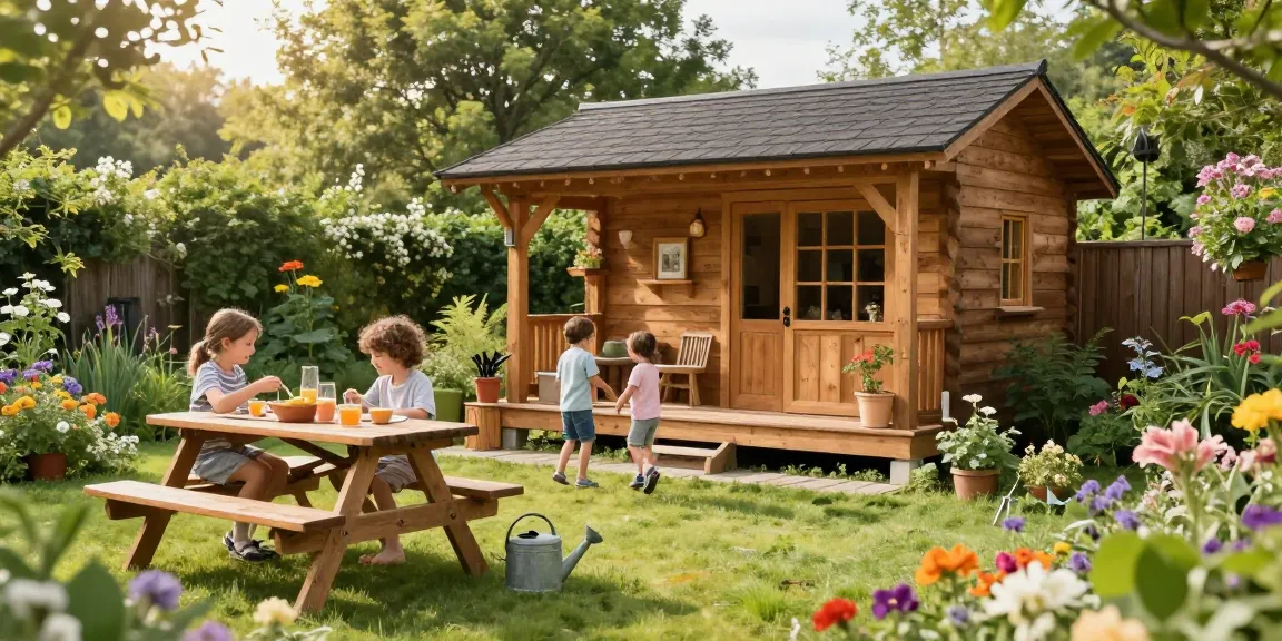 Garten Haus umgeben von üppigem Grün und Kindern, die im Garten spielen.