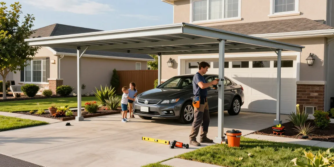 Carport Installation - Professioneller Handwerker montiert einen Carport in einer familienfreundlichen Umgebung.