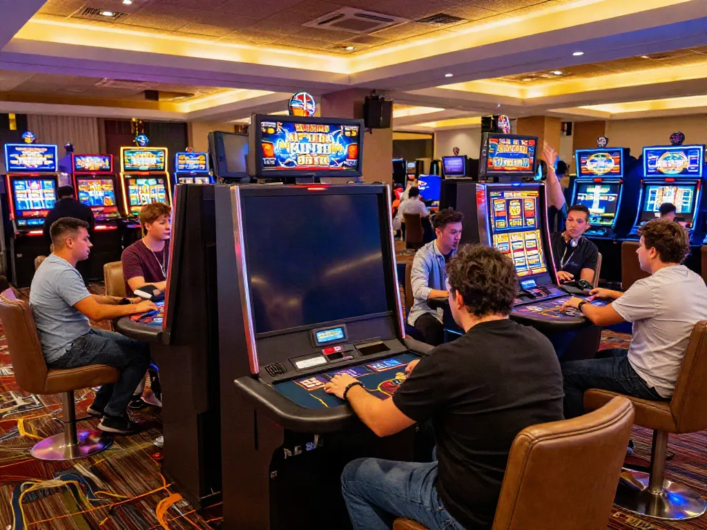 Slot88 APK gaming scene with players enjoying vibrant slot machines in a lively casino atmosphere.