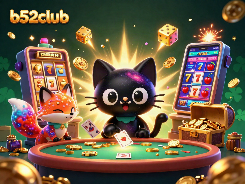 Spin to win at b52club with a cosmic cat and fox in a dazzling casino scene.