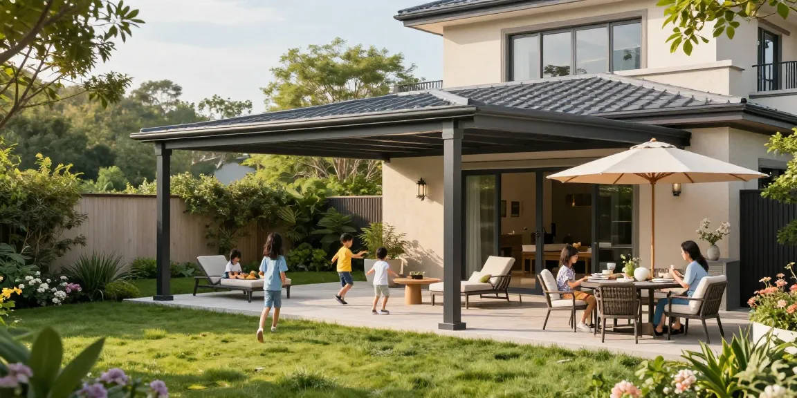 Freistehende Terrassenüberdachung im Garten mit Familie, modernem Design und einladender Atmosphäre.