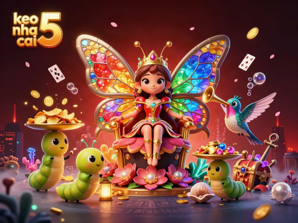 Engage with keo nha cai 5 through a vibrant illustration of a butterfly queen, chips, and gold coins.