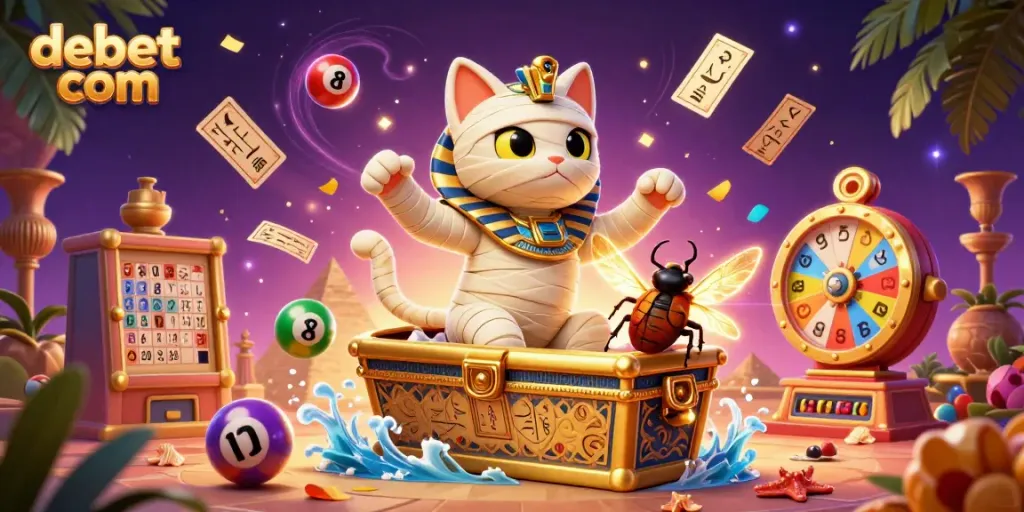 Bet and win big at debet com with an Egyptian mummy cat in a casino scene filled with colorful lottery elements.