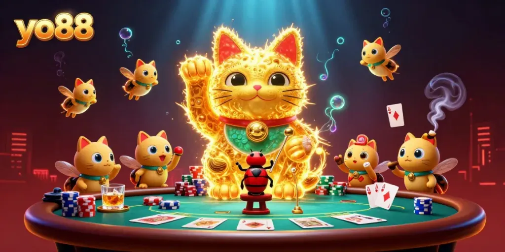 Experience thrilling gaming with YO88's vibrant and dynamic online casino world featuring a lucky cat.