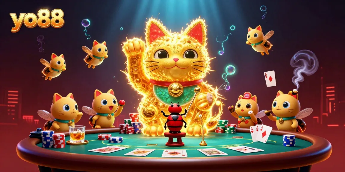 Experience thrilling gaming with YO88's vibrant and dynamic online casino world featuring a lucky cat.