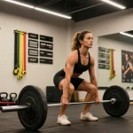 Athletin hebt Gewichte im modernen Gym, Steroide im Steroidshop unterstützen ihr Training.