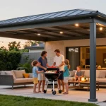Moderne Terrassenüberdachung aus Aluminium bietet Schutz während eines Grillabends für die Familie im Garten.