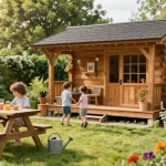 Garten Haus umgeben von üppigem Grün und Kindern, die im Garten spielen.