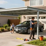 Carport Installation - Professioneller Handwerker montiert einen Carport in einer familienfreundlichen Umgebung.