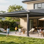 Freistehende Terrassenüberdachung im Garten mit Familie, modernem Design und einladender Atmosphäre.